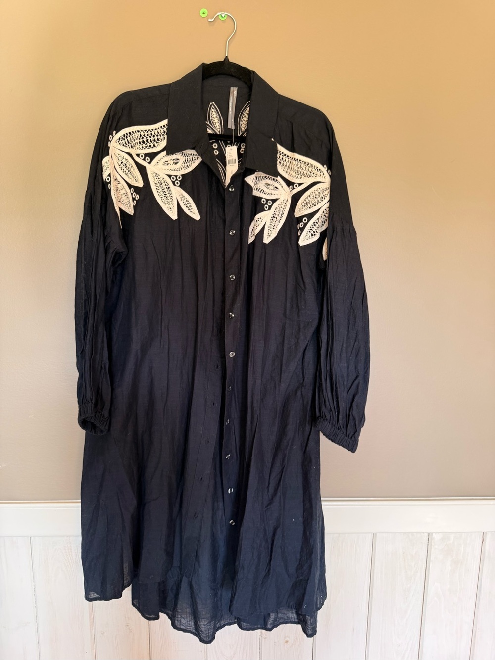 Anthropologie Black Long-Sleeve Button-Front Dress with White Leaf Appliqué